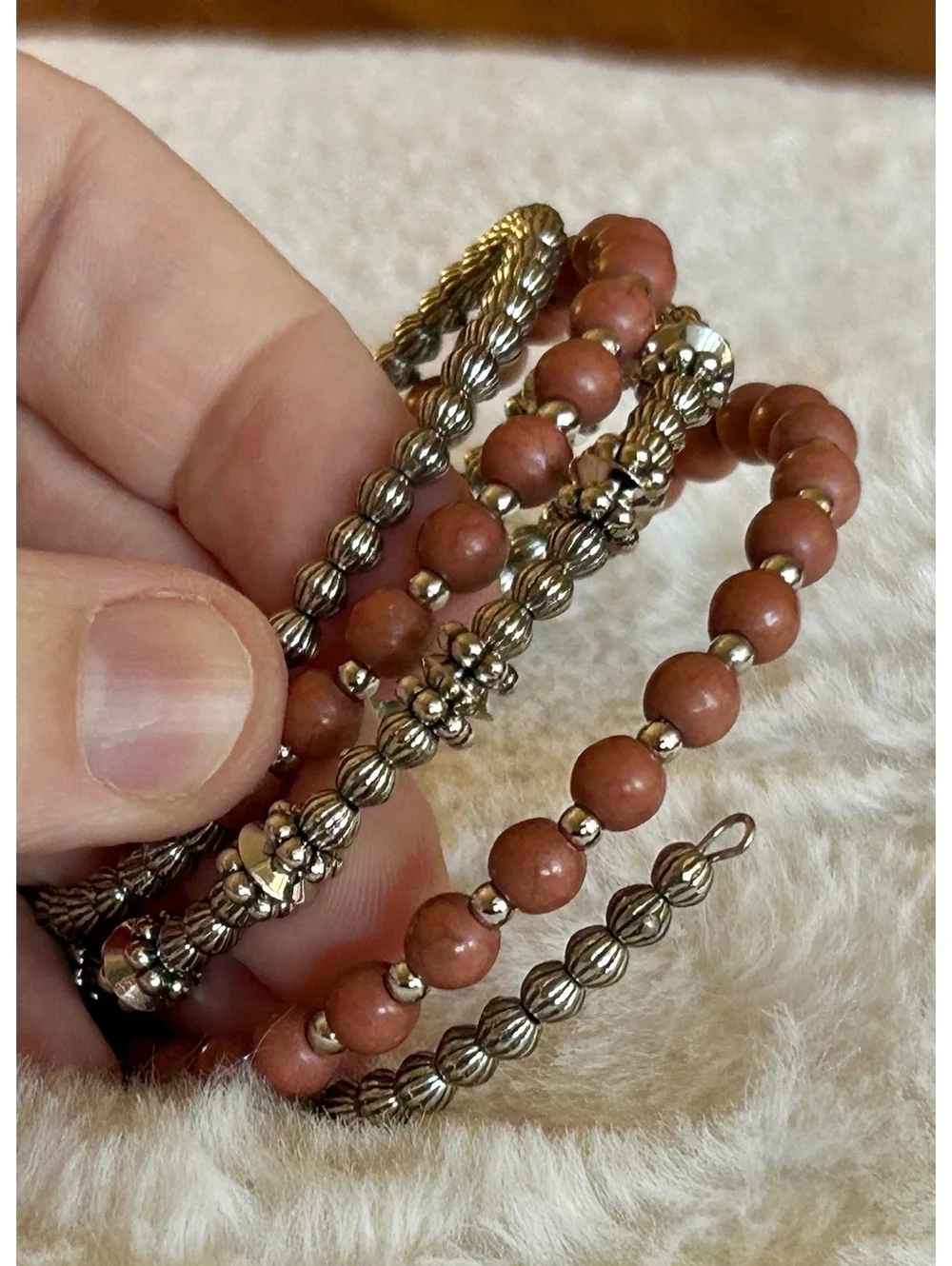 Vintage Beaded Wrap Bracelet with Pink and Silver Tones